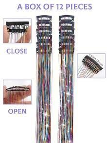 12件装闪亮发饰夹，20英寸闪光发饰接发片，夹式合成假发，发饰套装，耐热闪亮仙女发饰，适合女性和女孩日常佩戴、派对和万圣节，爪夹、发爪、发夹、发卡 - 彩色 - 查看 2