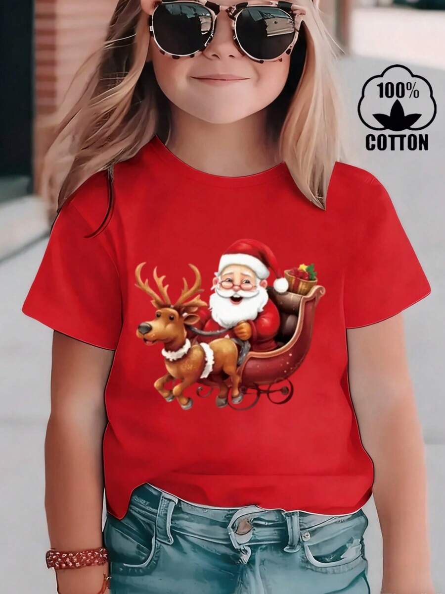 Esta nueva y moderna camiseta de manga corta 100 % algodón para niña luce un estampado navideño. Esta camiseta holgada, informal y versátil está confeccionada con un tejido suave y agradable para la piel de tu bebé. Ya sea para una reunión familiar, un evento escolar o una salida para jugar al aire libre, esta camiseta permite que tu hija se mueva con libertad y comodidad. - Rojo - Ver 1