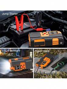 10000mAh High Capacity Car Jump Starter, Car Air Compressor, 2-In-1 Multifunctional Charger, Equipped With 150 PSI Digital Tire Inflator, LED Flashlight, Safety Hammer Design, Sturdy And Durable Structure, Includes Multiple Adapters | Emergency Vehicle Tool | High Visibility Orange | Comes With Storage Case