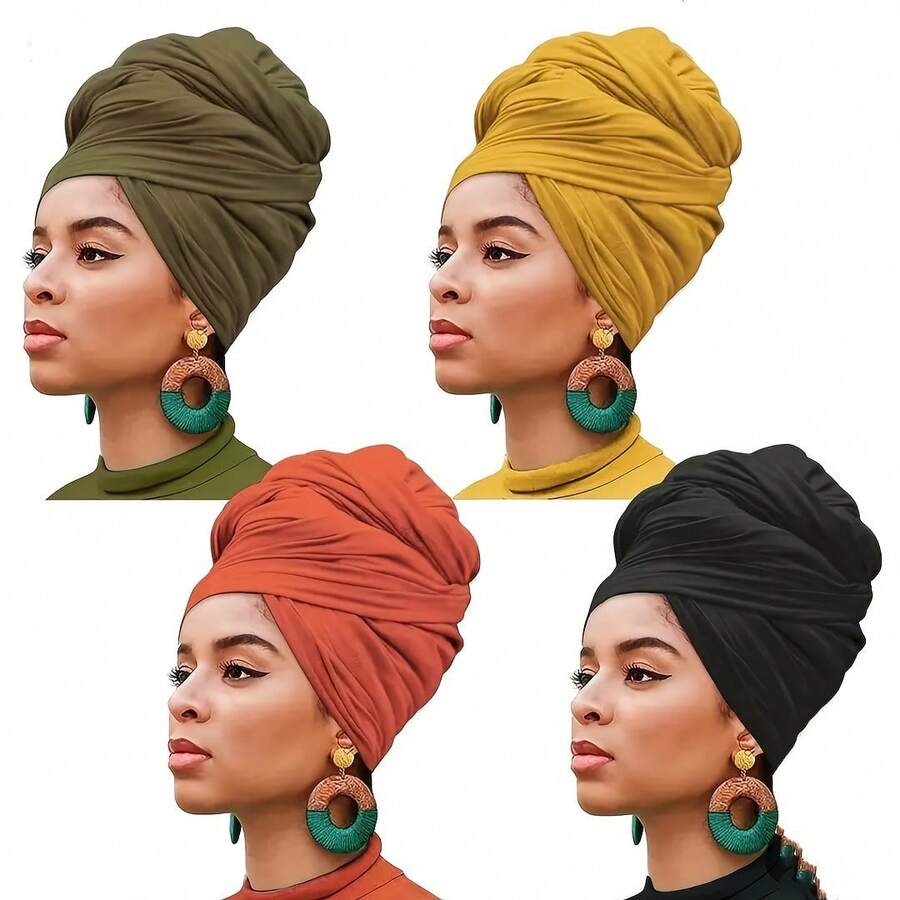 Set Of 4 Bohemian Style Pleated Head Wraps, Elegant Solid Color Turban Caps, Breathable And Ultra Soft Extra Long Headbands For Women - Xanh lá cây Vàng Hồng Đen - Xem 1