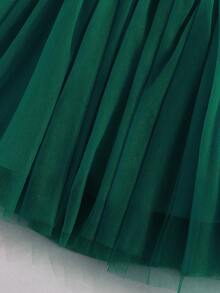 Baby Girls' Moss Green Bow Decor Mesh Patchwork Sleeveless Mini Dress - 墨綠色 - 查看 5