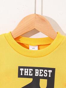 秋冬款小男孩字母印花长袖圆领羊毛卫衣和运动裤休闲套装 - 黃色 - 查看 2