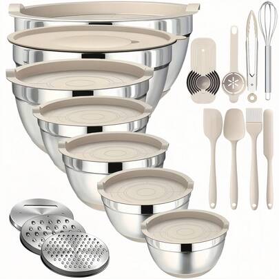 23 Sealed Lid Salad Mixing Bowls, Stainless Steel Nested Color, Non Slip Silicone Bottom, 16 Kitchen Tool Accessories, Suitable For Mixing, Baking, Salad, Food Preparation And Cooking, Christmas's Day Gift