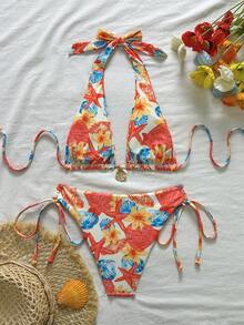 Women's Floral & Shell Print Bikini Set, Drawstring Design, Suitable For Beach Vacation, Pool Party And Summer Outing - Multicolor - View 4