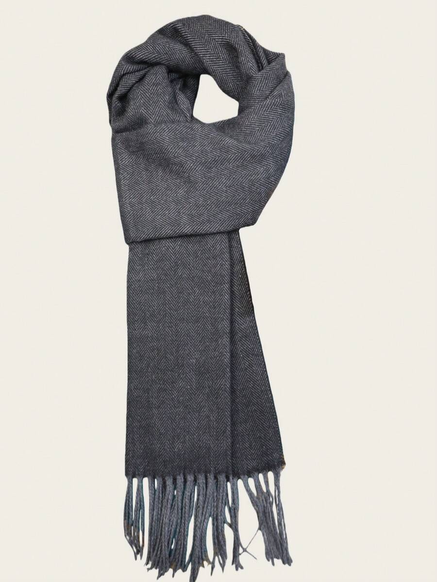 新款纯色人字形围巾，男女通用针织流苏保暖长款厚围巾，适合秋冬季，男友礼物，围脖，毛毯 - 灰色 - 查看 1
