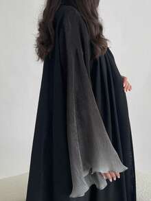 时尚简约撞色荷叶袖中长裙，女士纯色中东风情长裙，优雅开衫长袍，适合日常和假日穿着