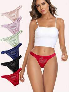 6 Pack Women's Thongs Bikinis Comfortable And Breathable Fashionable Rhinestone Pattern Close-Fitting Solid Color Womens Underwear Soft Fabric Rich Colors Casual Style Suitable For Sports Scenes Work And Daily Wear - 混合色 - 查看 1