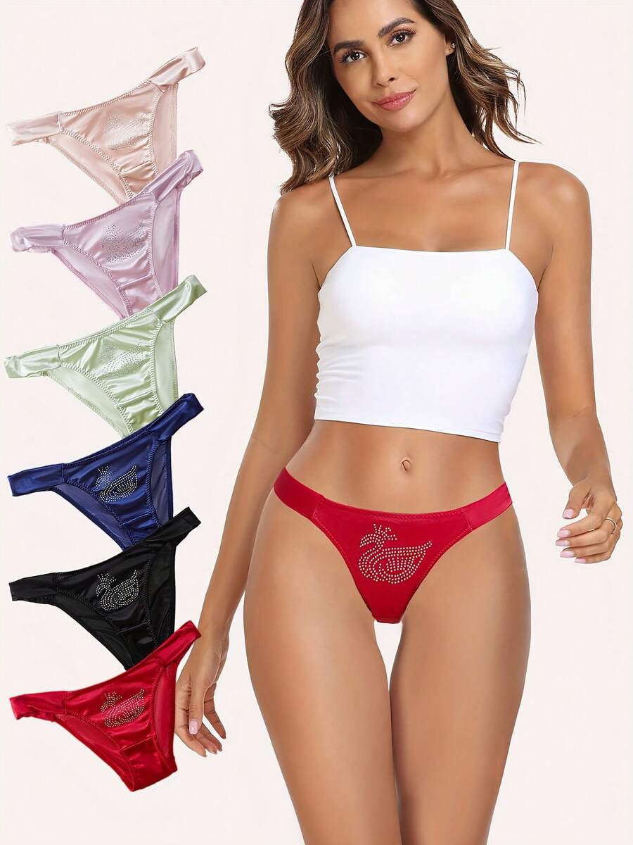 6 Pack Women's Thongs Bikinis Comfortable And Breathable Fashionable Rhinestone Pattern Close-Fitting Solid Color Womens Underwear Soft Fabric Rich Colors Casual Style Suitable For Sports Scenes Work And Daily Wear - 混合色 - 查看 1