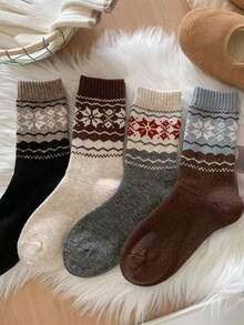 4 双复古条纹羊毛混纺厚款保暖中筒袜，日式拼色雪花图案中筒袜，冬季