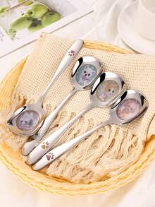 1pc Stainless Steel Flat Head Large Soup Spoon With Cute Cat & Dog Pattern, Household Dining Spoon