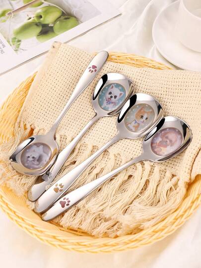 1pc Stainless Steel Flat Head Large Soup Spoon With Cute Cat & Dog Pattern, Household Dining Spoon