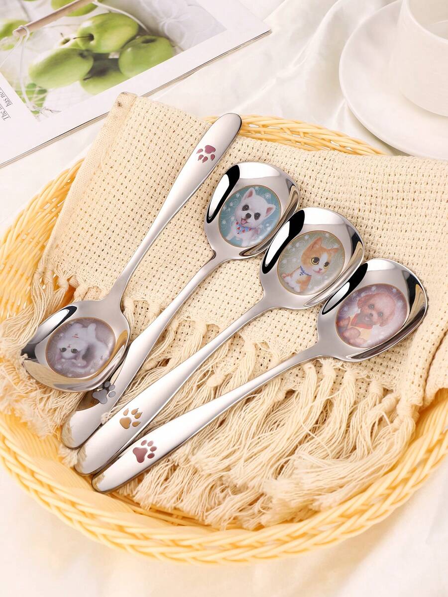 1pc Stainless Steel Flat Head Large Soup Spoon With Cute Cat & Dog Pattern, Household Dining Spoon