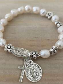 1pc Faux Pearl Beaded Flower & Cross Virgin Mary Pendant Bracelet, Vintage Style Suitable For Men And Women Daily Wear, Jewelry Gift