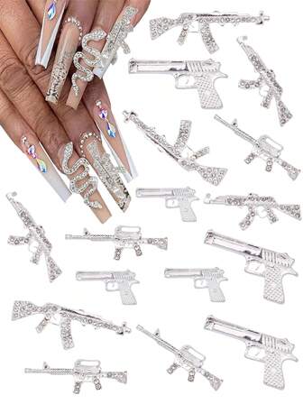 10 件钻石枪指甲装饰，合金枪美甲装饰金属 AK 美甲装饰 3D 步枪枪水钻美甲工艺复古指甲配件（银色）