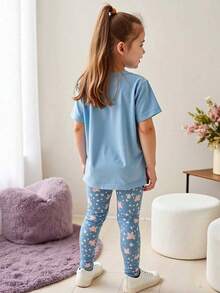 2pcs/Set Girls Flower Pattern T-Shirt And Leggings Set, Casual Minimalist Design, Suitable For Summer - Blue - View 4