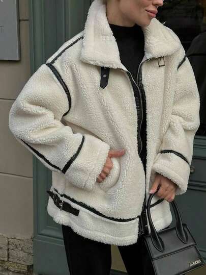 Abrigo elegante de mujer con estilo de ropa de calle, cálido y grueso. Chaqueta casual con cuello, manga larga, bolsillos y cremallera decorativa para mujer en invierno