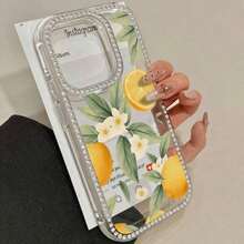 3-in-1 Double-Sided Phone Case with Lemon Flower and Rhinestones, Suitable for Series 16 Pro Max, 16, 15 Pro, 14, 14 Plus/14 Pro Max, 13, 13 Pro, 12 Pro, 11 Pro Promax.Non-slip and stain-resistant soft case suitable for men and women with diamond decorati