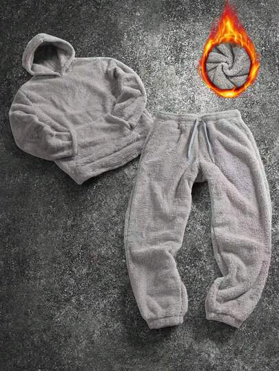 Męski, puszysty, ciepły dres, bluza z kapturem i spodnie ze ściągaczem, gruby, swobodny, 2-częściowy zestaw na zimę