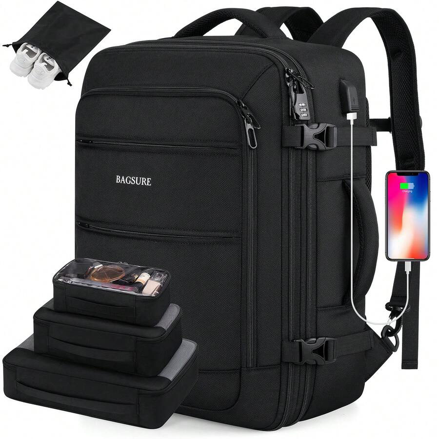 UKEIN 5PCS Travel Backpack Carry On Backpack 42L Flight Approved, Expandable Laptop Backpack With Packing Cubes & Shoe Pocket, Water Resistant Luggage Backpack For Men Women, TSA Approved, Large Backpack - 黑色 - 查看 1