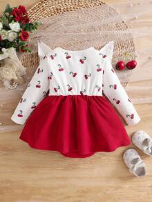女婴可爱优雅长袖连体衣，带蝴蝶结和樱桃印花（1-3个月，3-6个月后背开口水滴形设计） - 紅色 - 查看 2