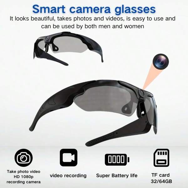 Gafas de cámara de acción inteligente 1080HD con almacenamiento incorporado de 64/32GB, ideales para ciclismo, motociclismo, conducción y pesca. Con diseño premium y capacidades de grabación al aire libre