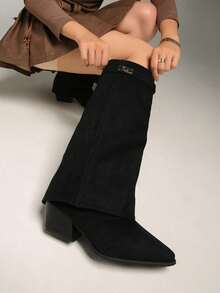 25 New Suede Pointed Toe High Heel Ankle Boots For Women, Chunky Heel, Gorgeous Brown Maillard Booties, Slim Fit, Boots - Black - View 2