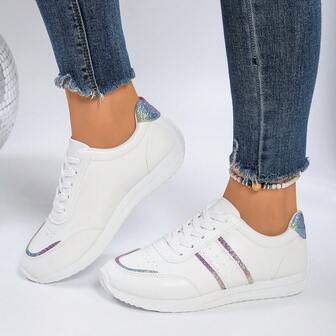 Women's Casual Outdoor Sports Shoes, Geometric Pattern, Synthetic Leather, Lace-Up, Suitable For All Seasons