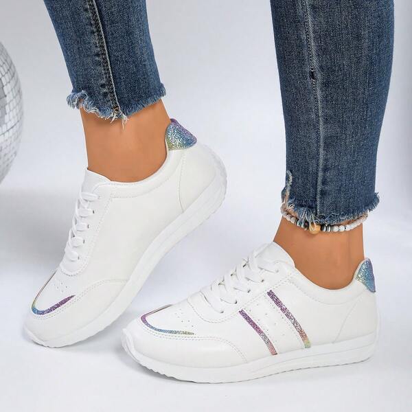 Tênis Casuais Femininos para Esportes ao Ar Livre, Padrão Geométrico, Couro Sintético, Cadarço, Adequado para Casa e Todas as Estações