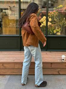 女式绒面革长袖单排扣休闲夹克 - 棕色 - 查看 7