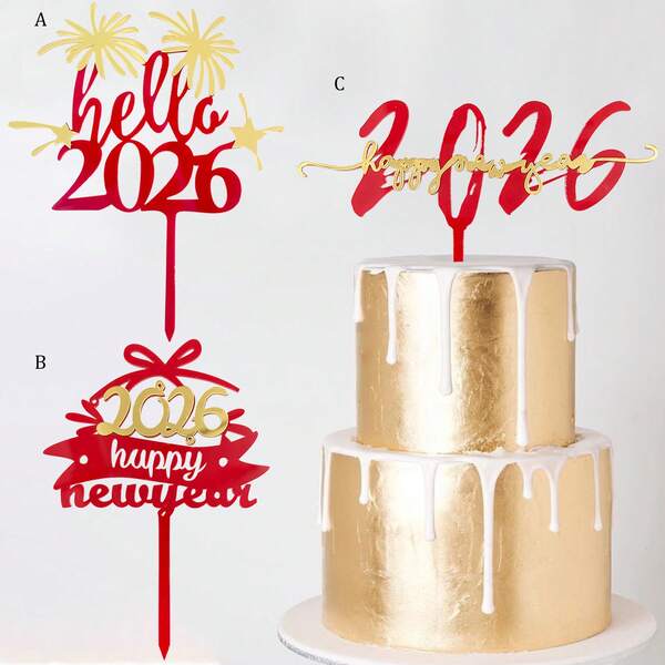 1 pieza/3 piezas/6 piezas Decoración para tarta Feliz Año Nuevo Hola 2026 de acrílico rojo y dorado, para decoración de tartas de fiesta de Año Nuevo