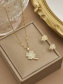 1pc Stainless Steel Clover Rhinestone Necklace, 1 Pair Stainless Steel Clover Rhinestone Earrings, Women Jewelry Set, Women Accessories, Gift For Her, Girlfriend, Wife, Party