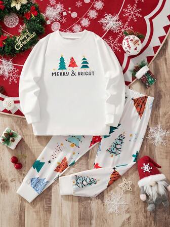 Set de 2 piezas de camiseta de manga larga y pantalones con estampado de árbol de Navidad para niños, adecuado para uso al aire para fiestas