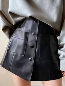 女式时尚前扣双口袋 PU 皮革迷你裙，春夏 - 黑色 - 查看 1