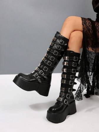 Herbst/Winter Aespa Mitglied inspirierte Rose Overknee Stiefel, Punk Rock Plateau Goth Ritter Stiefel