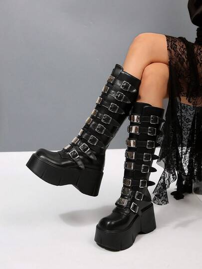 Aespa Member Inspired Rose Tall Boots, Punk Rock Platform Goth Knight Boots