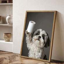 1 pièce Impression sur canevas d'un Shih Tzu avec du papier toilette, œuvre murale sans cadre, décoration pour la maison et le bureau, parfaitement adaptée à la décoration de la maison, de la chambre, du salon, de la salle de bain, décoration murale, avec ou sans cadre en option