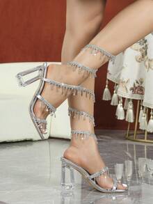 女士厚底水晶高跟凉鞋，方头水钻蛇形绑带，时尚露趾，夏秋基础款 - 銀色 - 查看 2