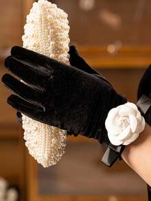 带山茶花图案的黑色天鹅绒手套，适合女士茶会服装/婚宴礼服、万圣节服装手套、圣诞节手套、特殊场合 1920 年代服装晚间歌剧手套 - 黑色 - 查看 2