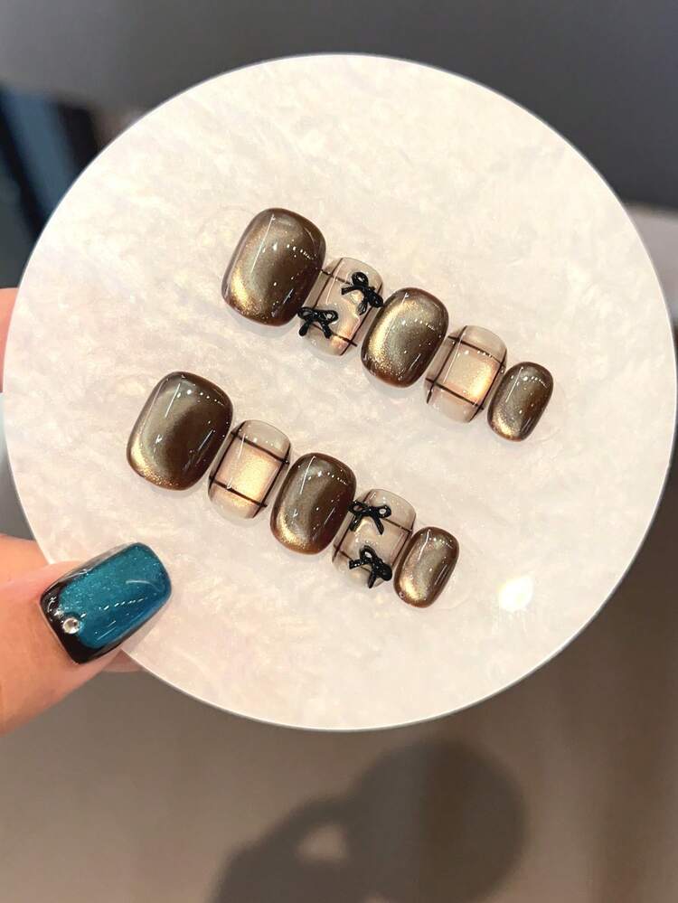 10pcs Handmade Giant Starry Sky Cat Eye Plaid 3D Bow Nail Stickers, Suitable For Women And Girls' Daily Life, Parties, Balls, And Gifting To Friends. The Acrylic Nail Stickers Are Simple, Cute, And Versatile. The Short Nail Sticker Set Includes Jelly Gel And Anti-Slip Stickers. Nails Nail Supplies Handmade Press On Nails - Multicolor - View 6