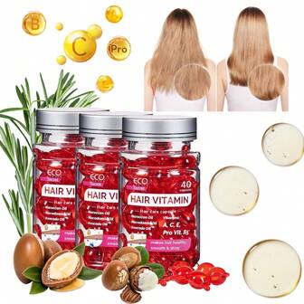 ECO FINEST Cápsulas de suero capilar con vitaminas, esencia nutritiva para el cabello encrespado y dañado, enriquecida con aceite de argán marroquí, vitaminas A, C, E y pro-vitamina B5, sin enjuague, unisex, apta para todo tipo de cabello, rojo
