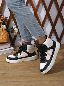 BAOLIANGXIONG Color Block Casual Student Sneakers, Sport Shoes Women's Casual Sports Shoes, Fashionable Sneakers With Thick Soles, Low-Cut Lace-Up White Black Pink Shoes, Outdoor Shoes - 白黑粉紅色高幫 - 查看 3