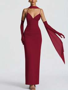 Vestido largo ajustado de mujer con tirantes finos y escote en V, color liso, elegante y sexy, para fiesta, noche y boda - Burdeos - Ver 5