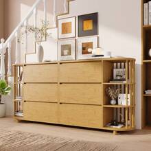 160cm Eiche Sideboard, Roman Design With Bamboo Columns And Shelves, 6 Drawers And Open Shelves, Height Adjustable Legs, H75/W160/D40 - 1 - View 8
