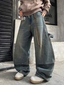 1件复古做旧拼接刺绣阔腿牛仔裤，宽松舒适休闲街头风男士长裤，适合所有季节（不含腰带和配饰） - 藍色 - 查看 4