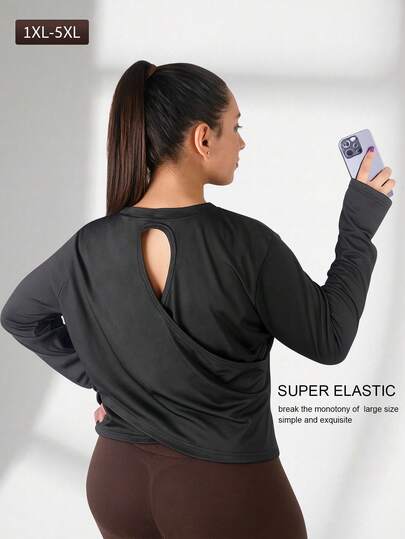 Plus Size Shoulder Drop Long-Sleeve Backless T-Shirt Solid Color Black Loose Casual,For Gym, Running, Hiking & Yoga