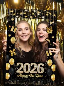 1 قطعة إطار صور ورقي أسود وذهبي لعام 2026 الجديد، ديكورات رأس السنة الجديدة مع البالونات والهدايا والألعاب النارية والنجوم، لوازم احتفالات رأس السنة الجديدة، لوازم ديكور ليلة رأس السنة الجديدة، أكسسوارات صور حفلة العطلات