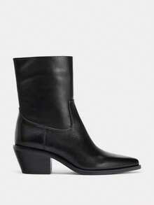 女式新款冬季皮革尖头粗跟侧拉链踝靴