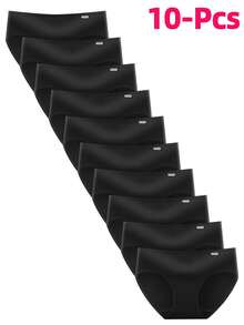 10pcs Black Silky Stretchy Triangle Panties, Breathable Moisture-Wicking Everyday Underwear