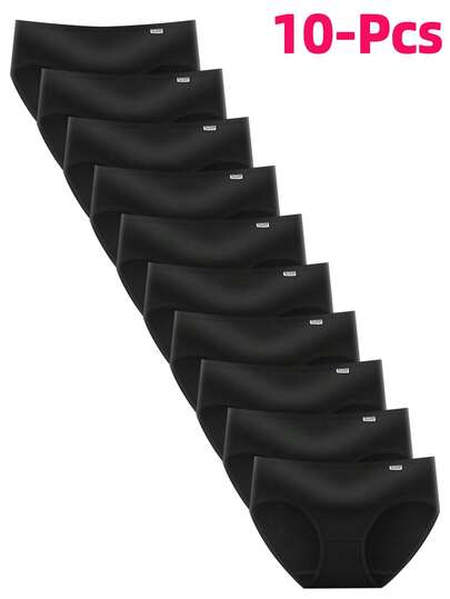10pcs Black Silky Stretchy Triangle Panties, Breathable Moisture-Wicking Everyday Underwear