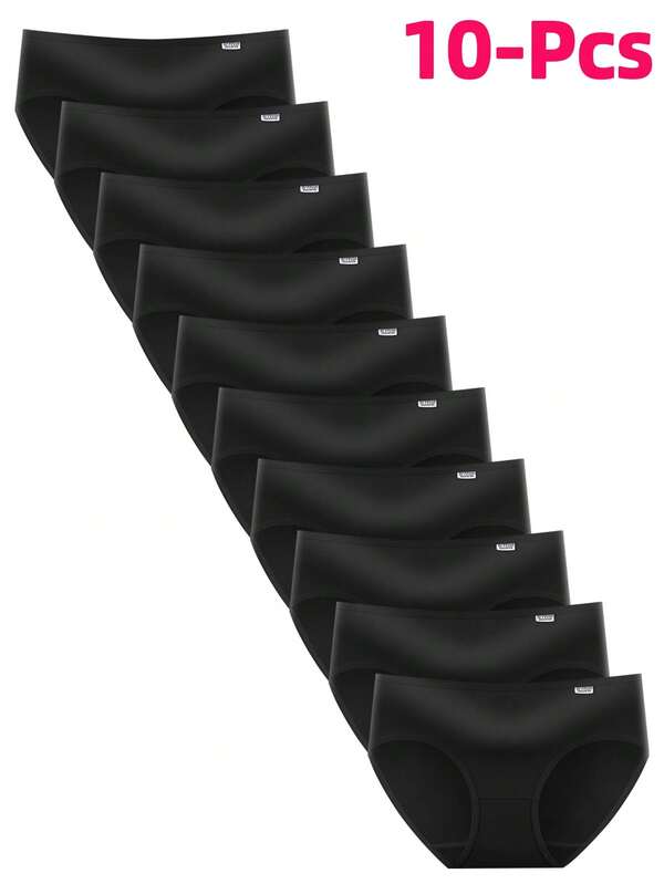 10pcs Black Silky Stretchy Triangle Panties, Breathable Moisture-Wicking Everyday Underwear